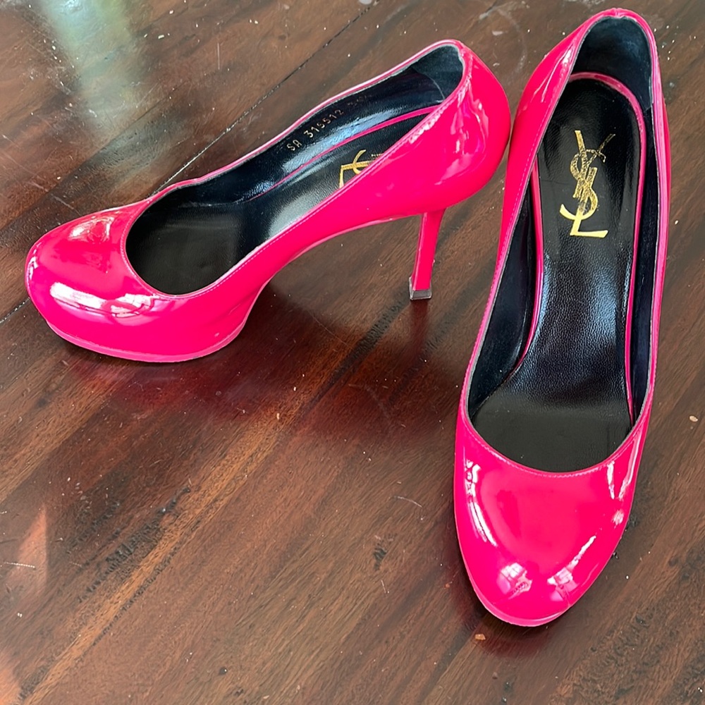YSL tribute hot pink patent leather platform pump, slightly used